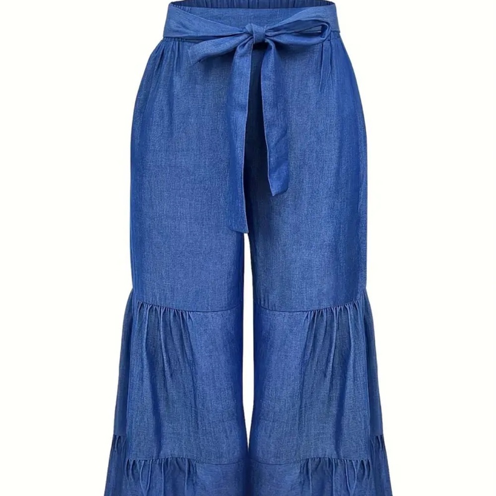 New Blue “Denim” Tiered Wide-Leg Pants